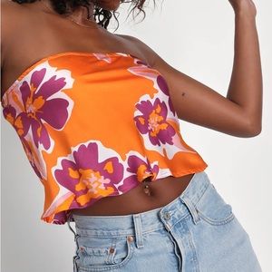 Lulu’s Vibrant Expression Orange Floral Print Strapless Top